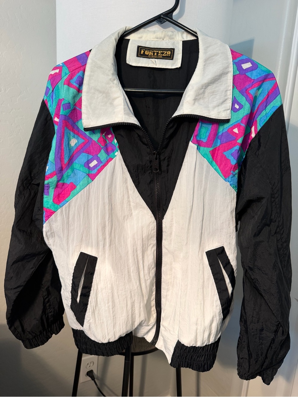 Vintage Retro 90s Colorblock Bomber Jacket in Black, White & Teal/Purple Accents
